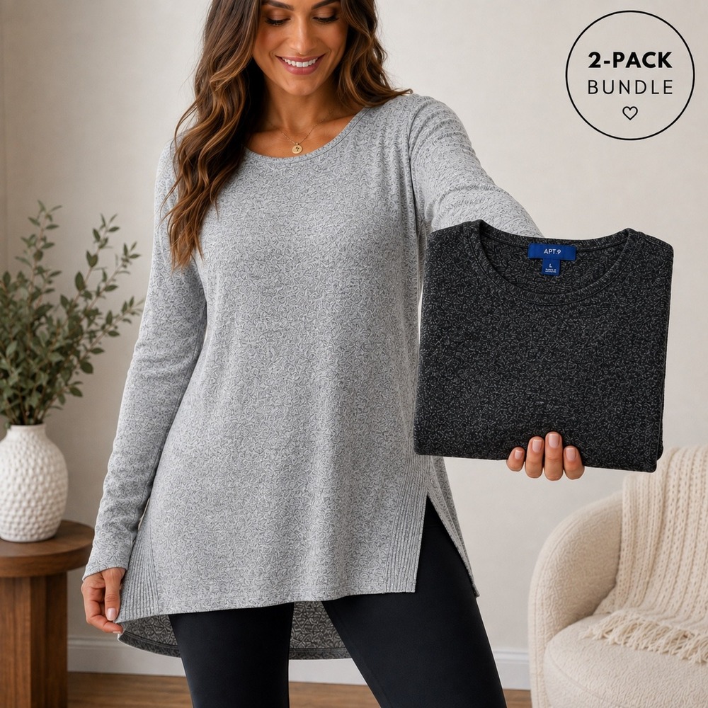Apt. 9 Marled Tunic Sweaters L 2-Pack Gray Charcoal Side Slit Long Sleeve Knit